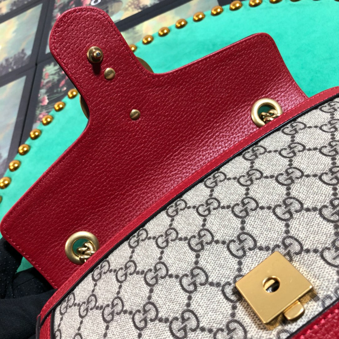 Gucci Vintage Monogram Canvas Shoulder Handbag with Red Trim and Gold Chain