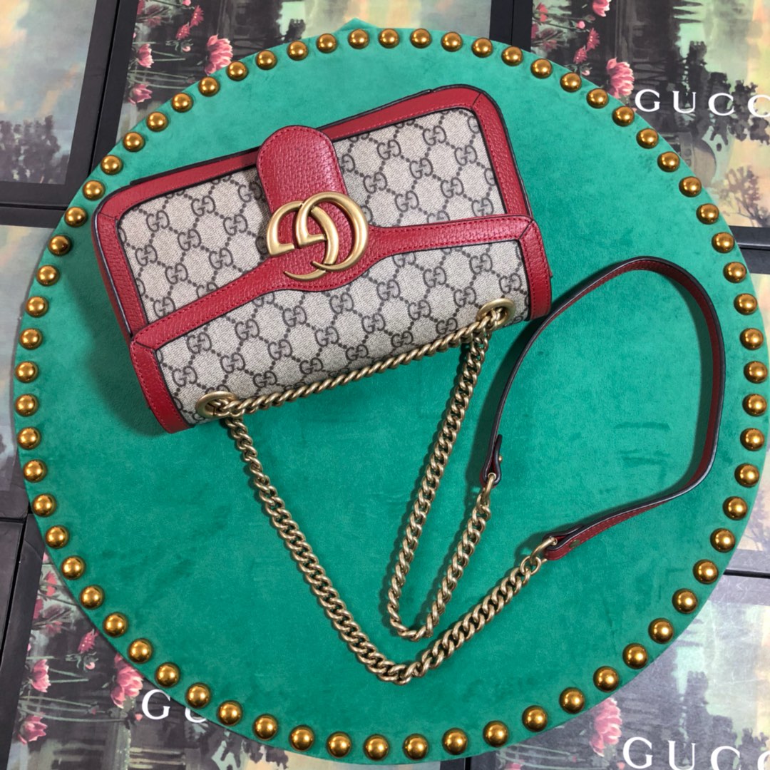Gucci Vintage Monogram Canvas Shoulder Handbag with Red Trim and Gold Chain