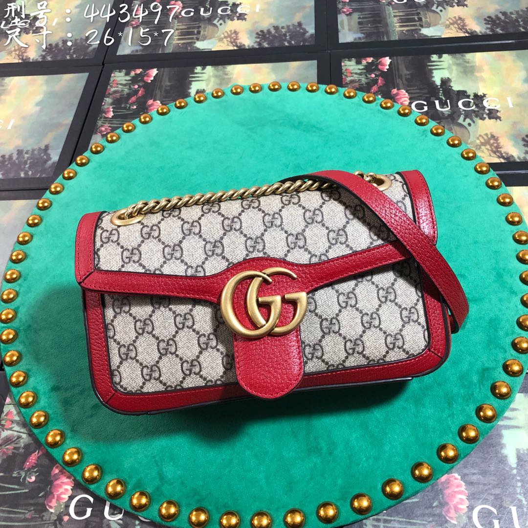 Gucci Vintage Monogram Canvas Shoulder Handbag with Red Trim and Gold Chain