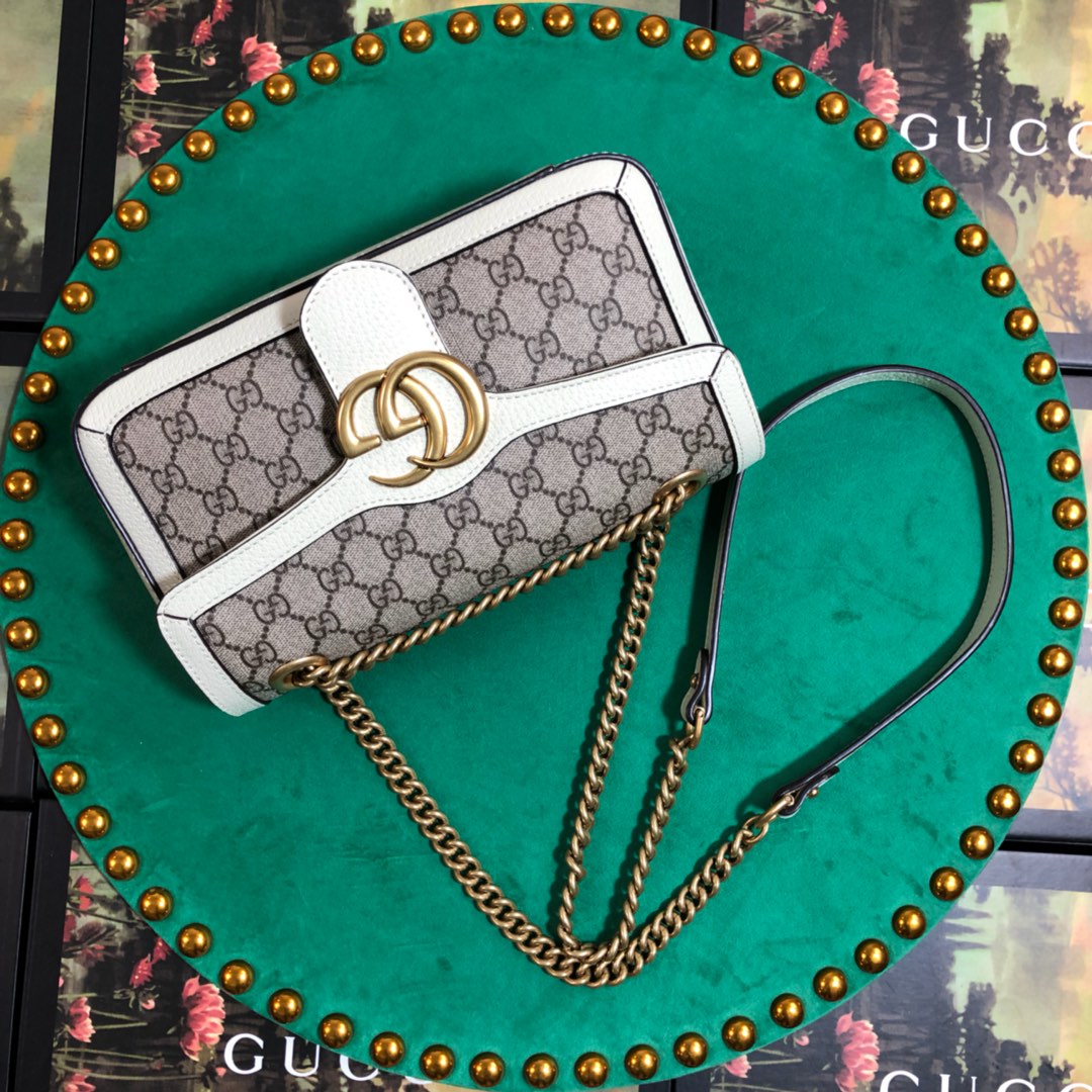 Gucci Elegant Monogram Flap Shoulder Bag with White Leather Trim