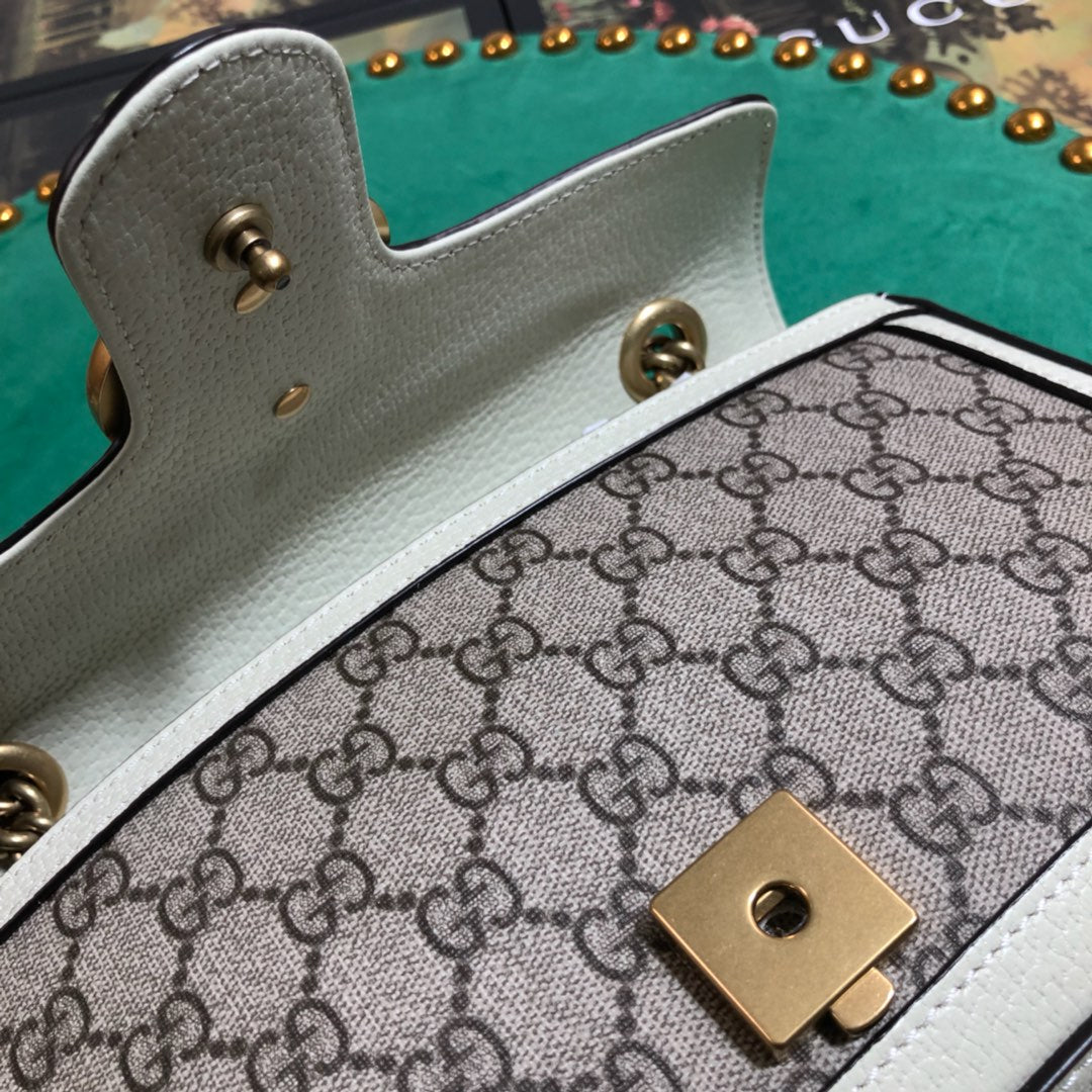 Gucci Elegant Monogram Flap Shoulder Bag with White Leather Trim