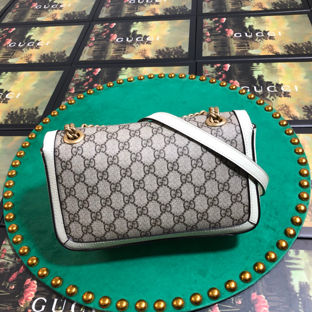 Gucci Elegant Monogram Flap Shoulder Bag with White Leather Trim