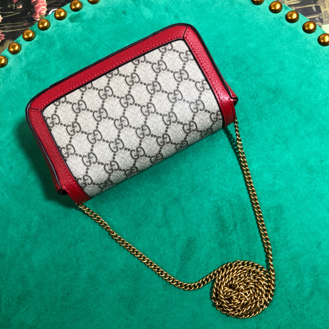 Gucci Classic Monogram Canvas Mini Crossbody Bag with Red Trim and Chain