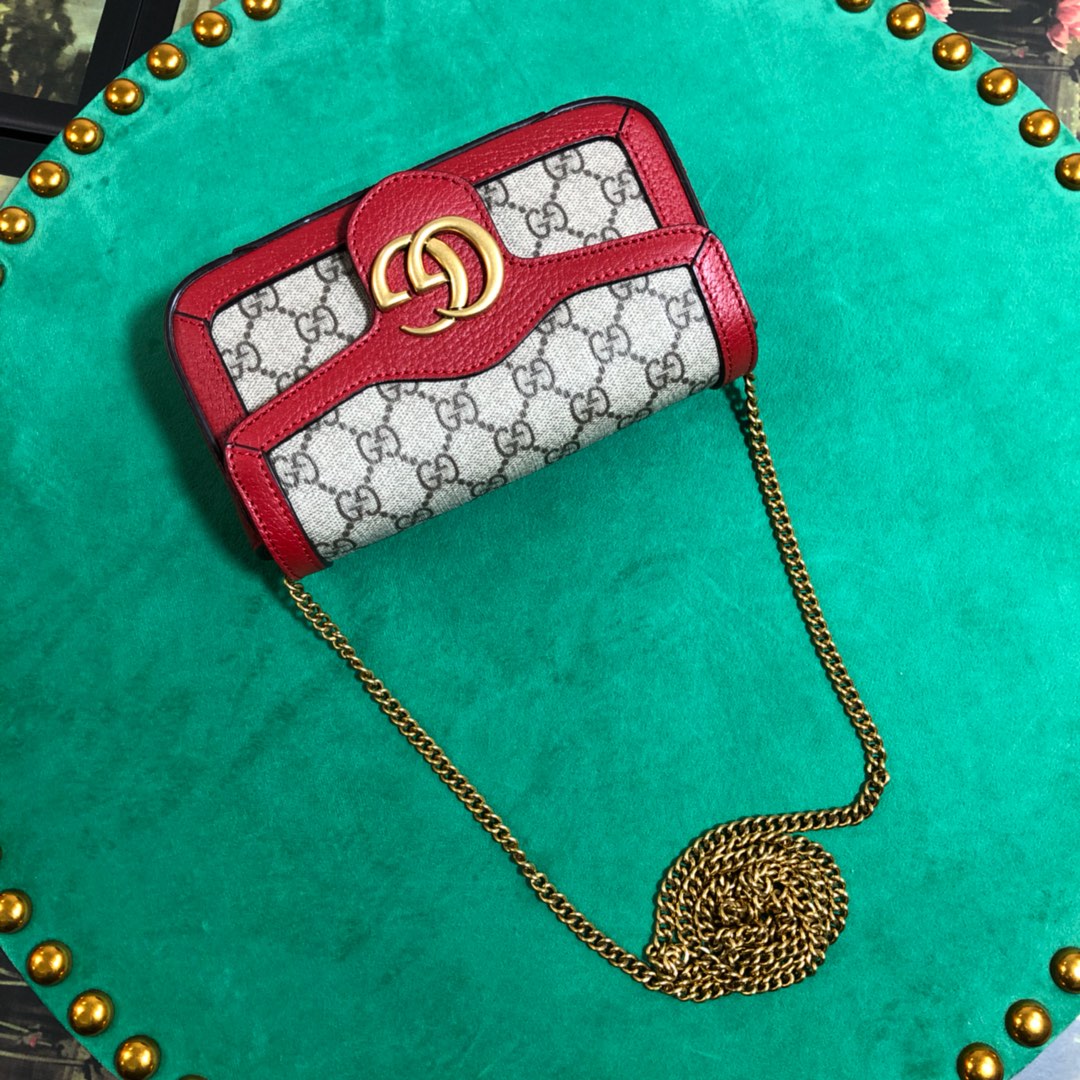 Gucci Classic Monogram Canvas Mini Crossbody Bag with Red Trim and Chain