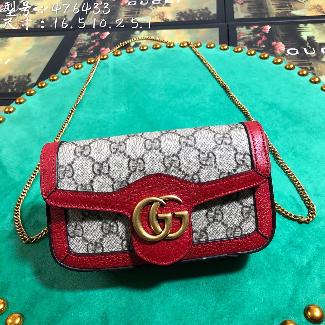 Gucci Classic Monogram Canvas Mini Crossbody Bag with Red Trim and Chain