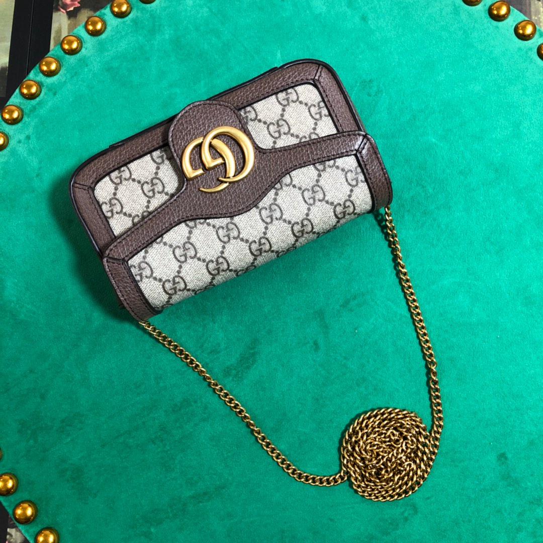 Gucci Vintage Style Monogram Shoulder Bag with Gold Hardware and Brown Trim