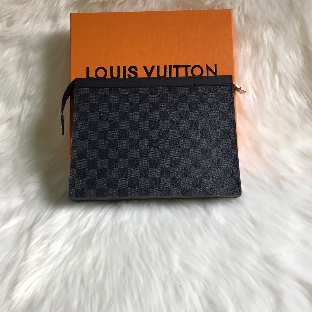 Louis Vuitton Classic Checkerboard Pattern Dark Grey Zippered Clutch Pouch