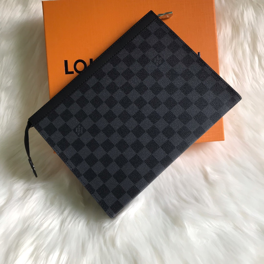 Louis Vuitton Classic Checkerboard Pattern Dark Grey Zippered Clutch Pouch