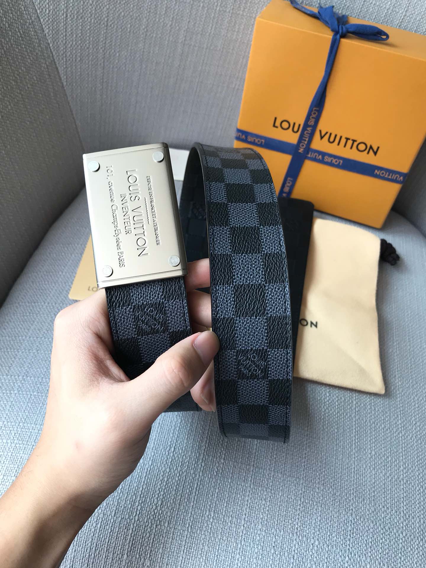 Louis Vuitton Men's Damier Graphite 40mm Belt with Silver Engraved Buckle Plate, Grey/Black Canvas
