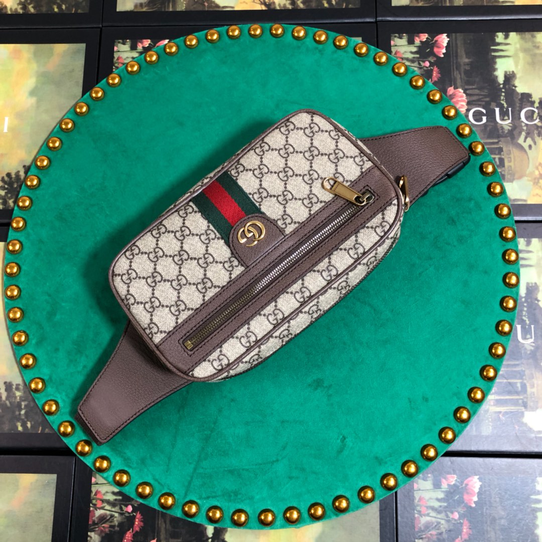 Gucci Vintage Monogram Canvas Belt Bag with Web Stripe and Leather Trim