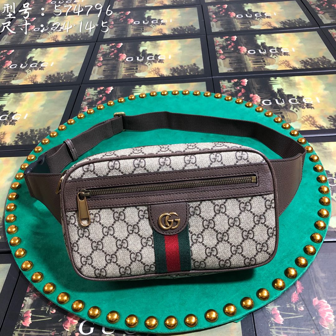 Gucci Vintage Monogram Canvas Belt Bag with Web Stripe and Leather Trim
