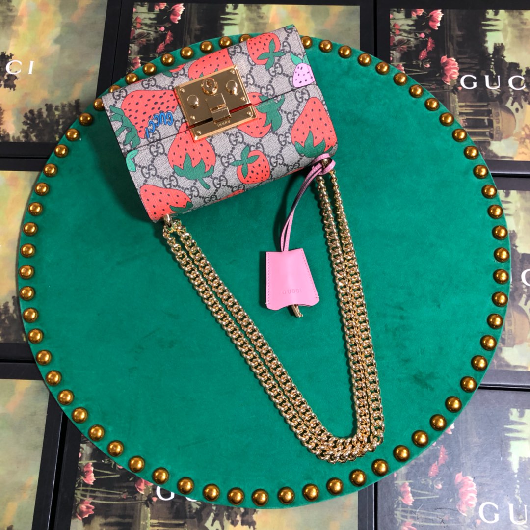 Gucci Strawberry Print Monogram Canvas Padlock Shoulder Bag with Chain Strap