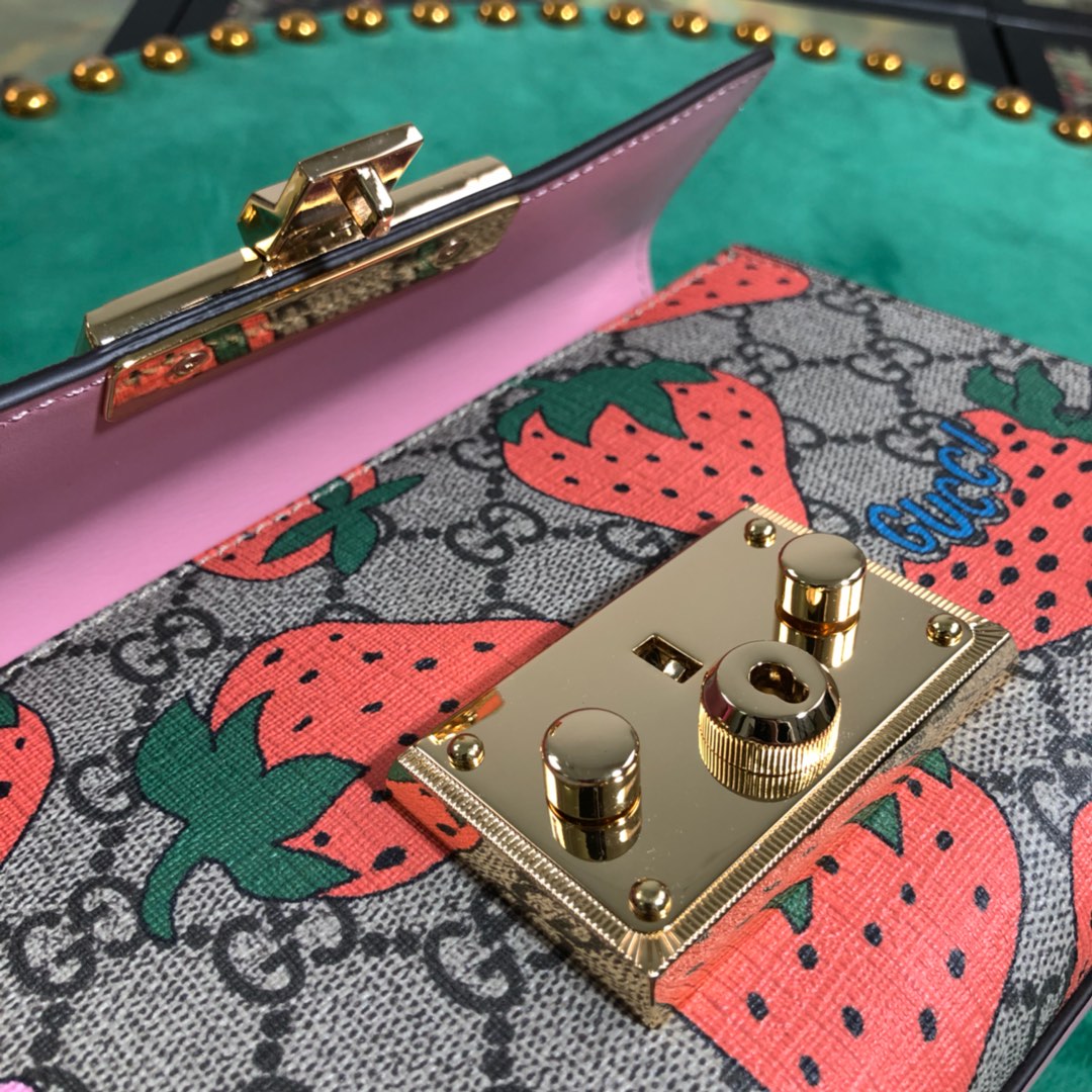 Gucci Strawberry Print Monogram Canvas Padlock Shoulder Bag with Chain Strap