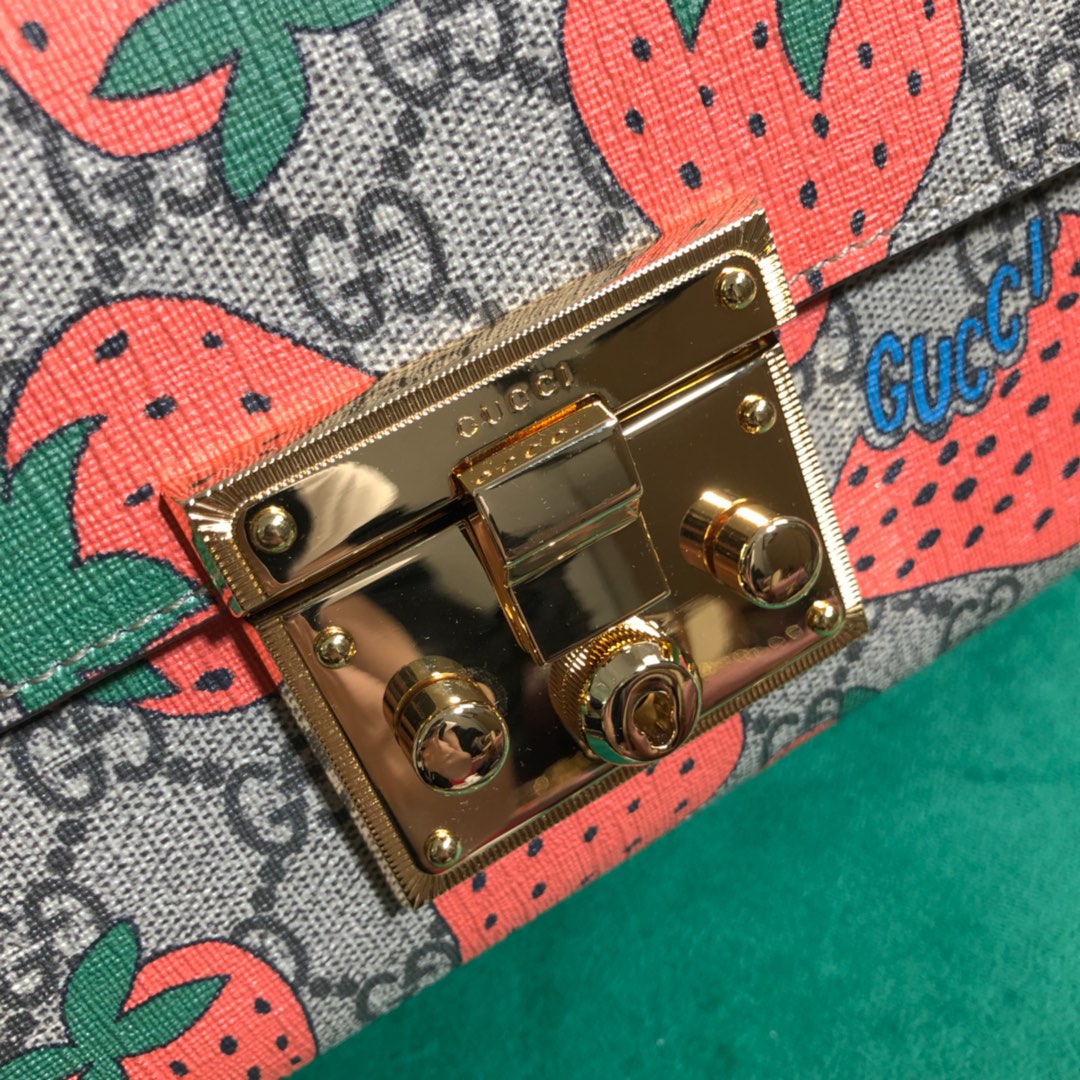 Gucci Strawberry Print Monogram Canvas Padlock Shoulder Bag with Chain Strap