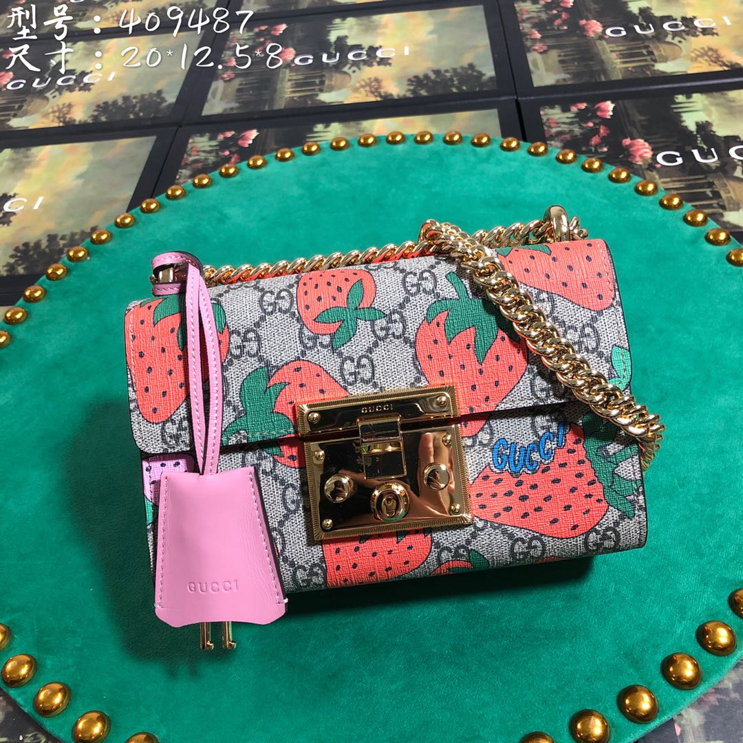 Gucci Strawberry Print Monogram Canvas Padlock Shoulder Bag with Chain Strap