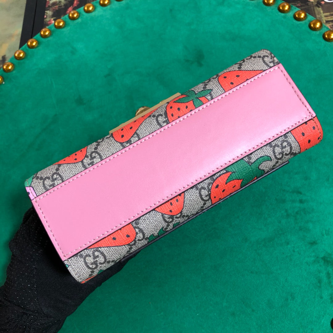 Gucci Strawberry Print Monogram Canvas Padlock Shoulder Bag with Chain Strap
