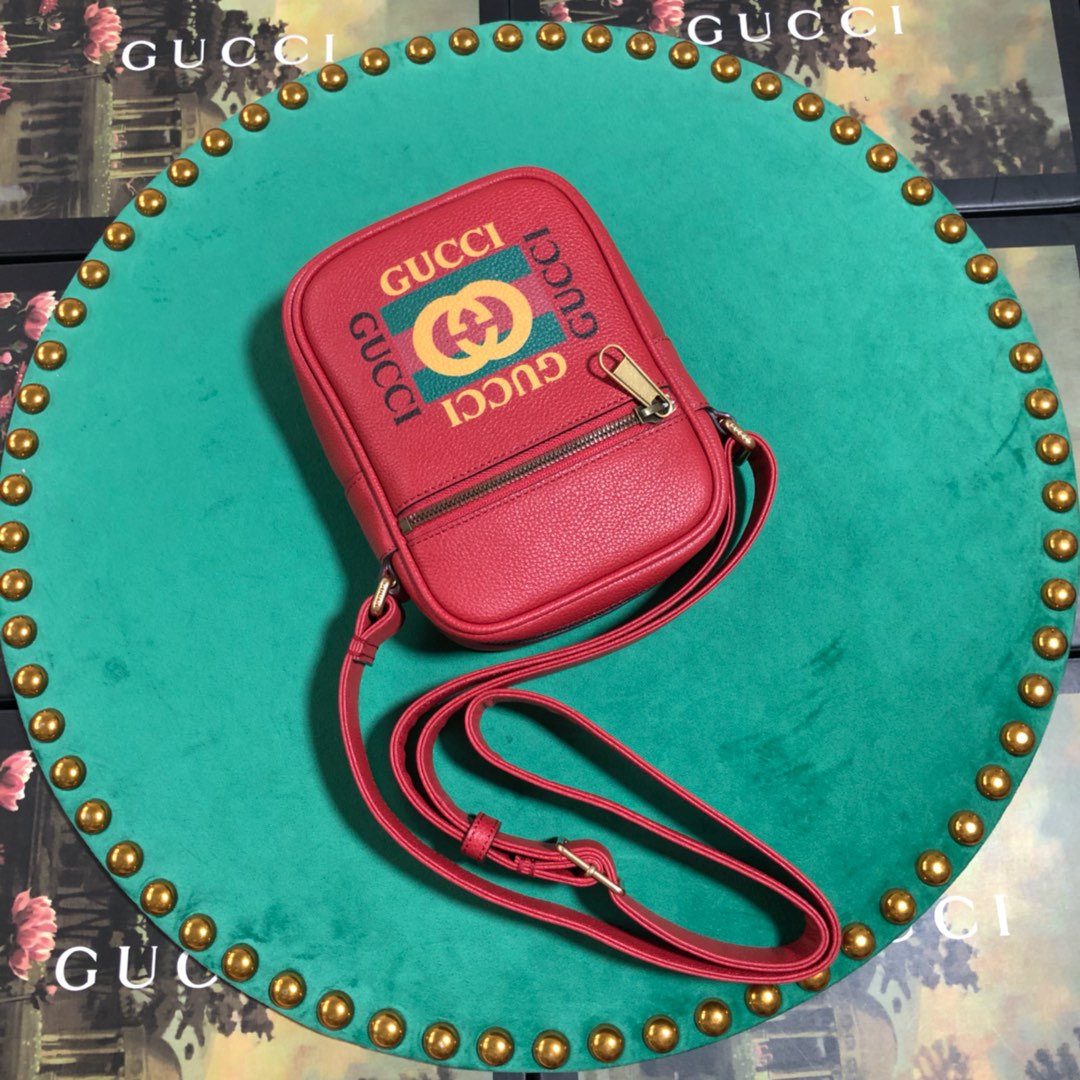 Gucci Retro Red Leather Crossbody Messenger Bag with Vintage Print