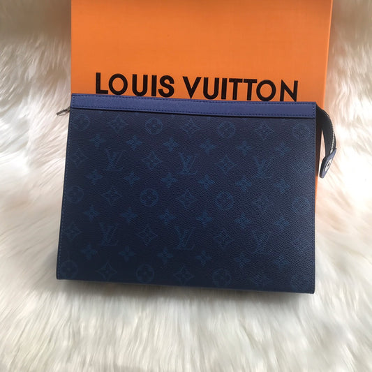 Louis Vuitton Navy Blue Monogram Embossed Leather Zippered Clutch Pouch