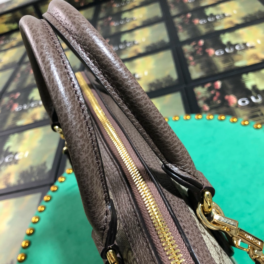 Gucci Classic Monogram Canvas Handbag with Horsebit Detail and Red Print