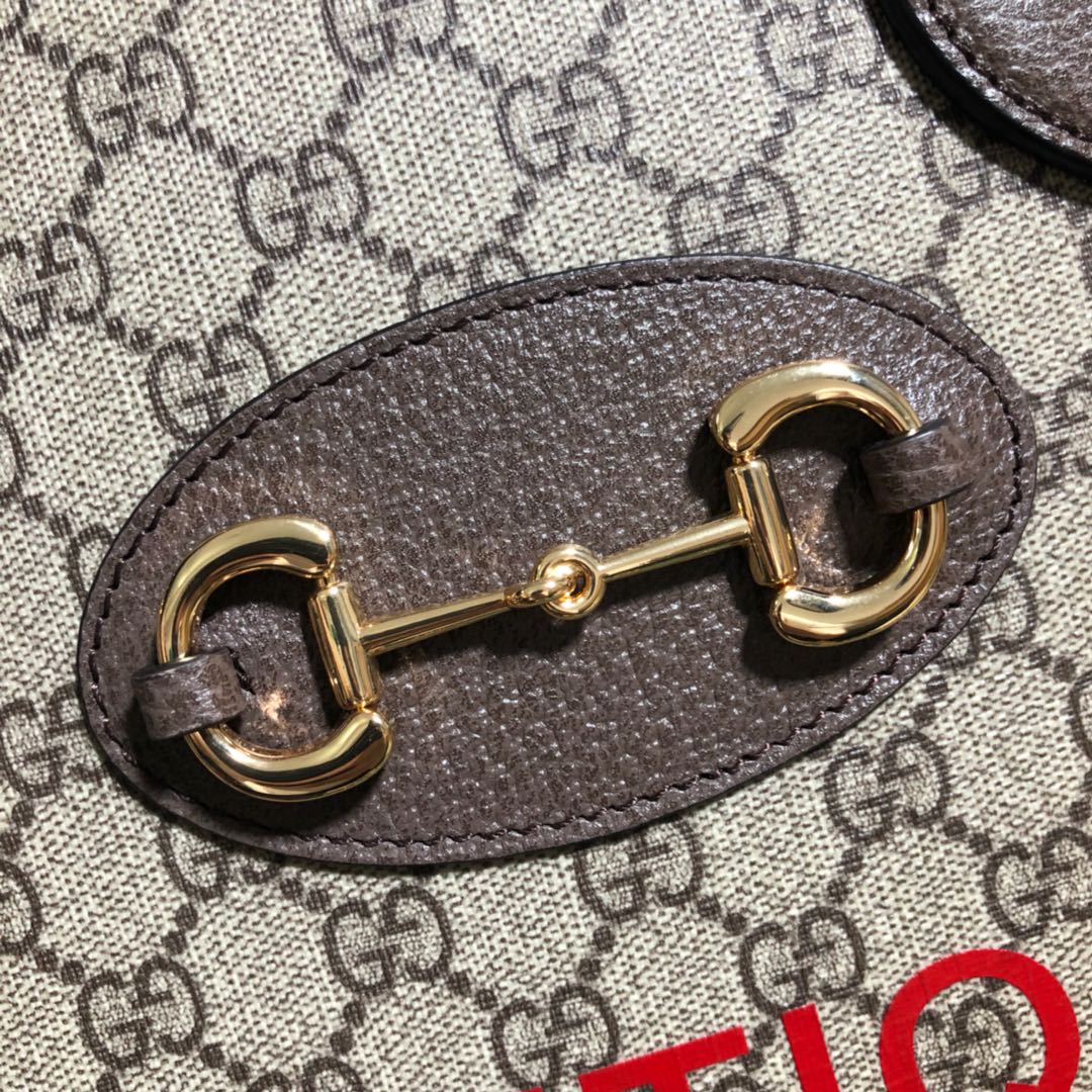 Gucci Classic Monogram Canvas Handbag with Horsebit Detail and Red Print