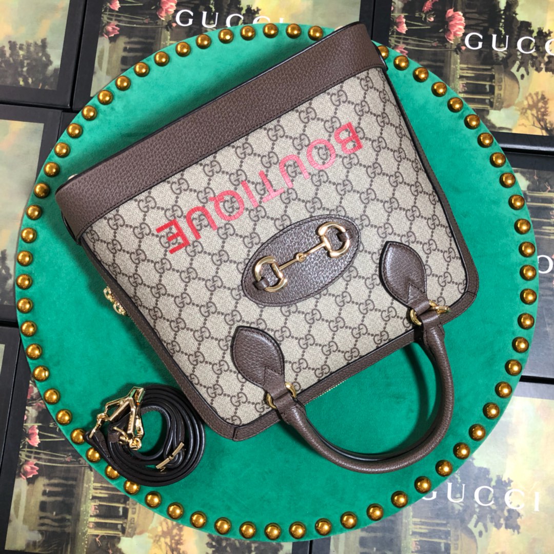 Gucci Classic Monogram Canvas Handbag with Horsebit Detail and Red Print