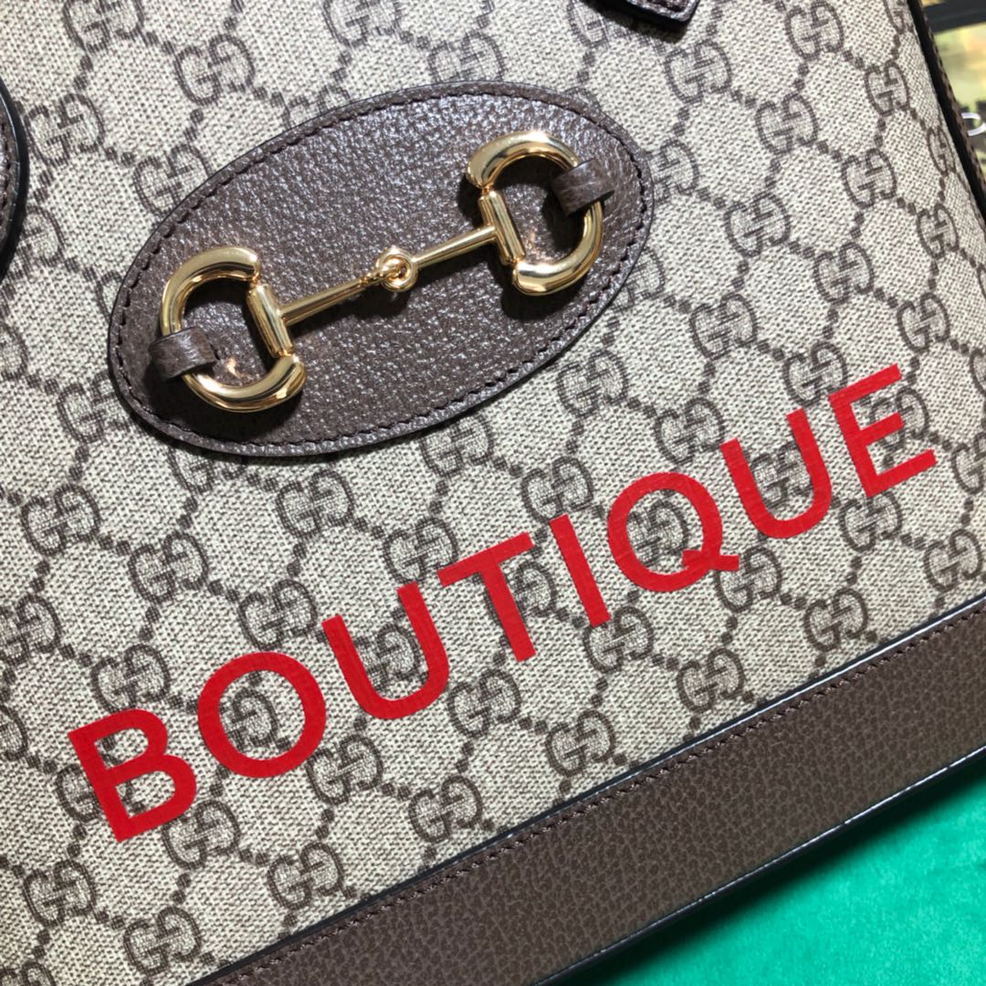 Gucci Classic Monogram Canvas Handbag with Horsebit Detail and Red Print
