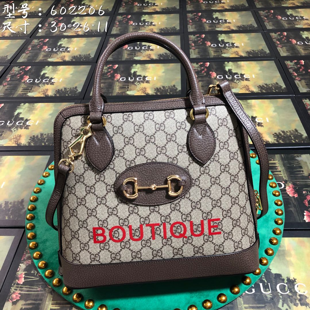 Gucci Classic Monogram Canvas Handbag with Horsebit Detail and Red Print