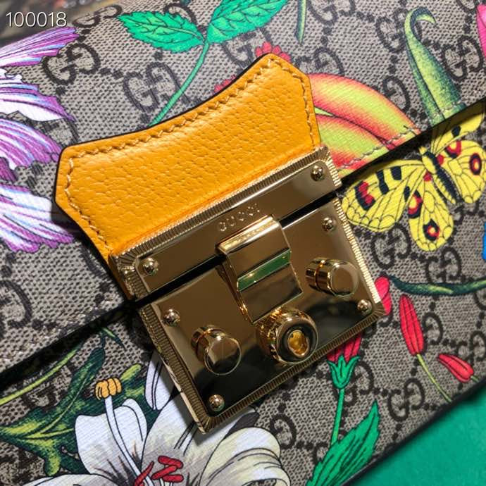 Gucci Floral Print Monogram Handbag with Bamboo Handle and Chain