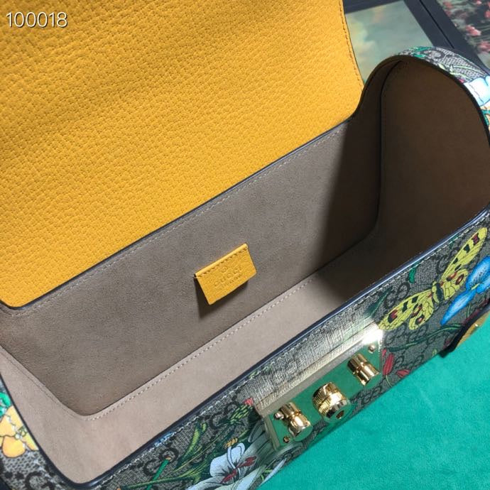 Gucci Floral Print Monogram Handbag with Bamboo Handle and Chain