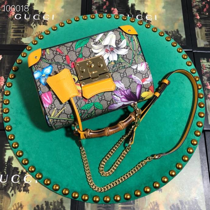 Gucci Floral Print Monogram Handbag with Bamboo Handle and Chain