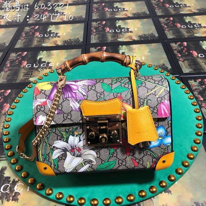 Gucci Floral Print Monogram Handbag with Bamboo Handle and Chain