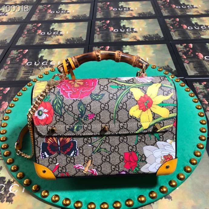 Gucci Floral Print Monogram Handbag with Bamboo Handle and Chain