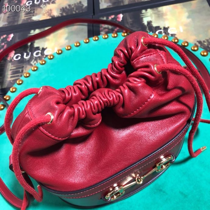 Gucci Vintage Style Red Leather Drawstring Bucket Bag with Gold Hardware