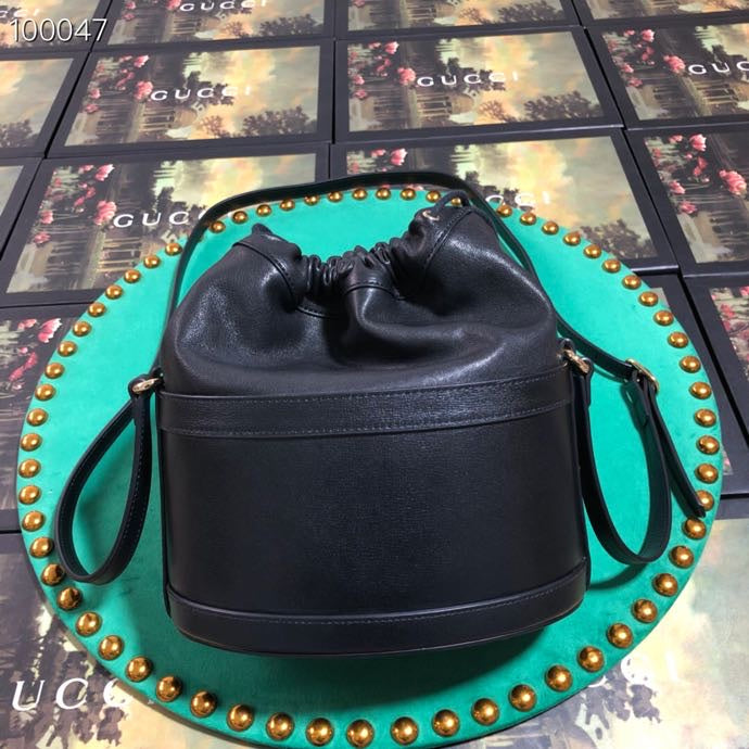 Gucci Classic Black Leather Drawstring Bucket Crossbody Bag