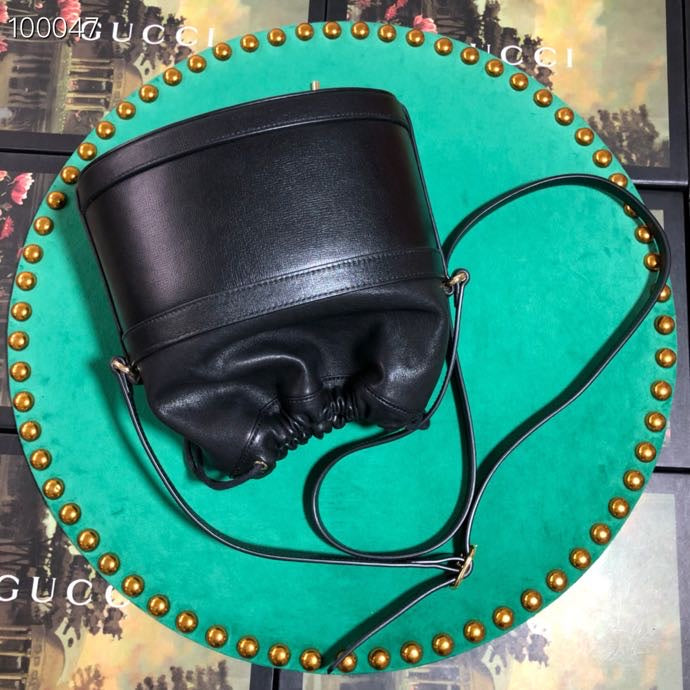 Gucci Classic Black Leather Drawstring Bucket Crossbody Bag