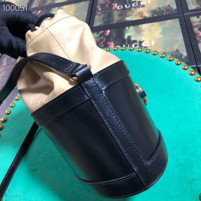 Gucci Two-Tone Leather Drawstring Bucket Bag with Gold Horsebit