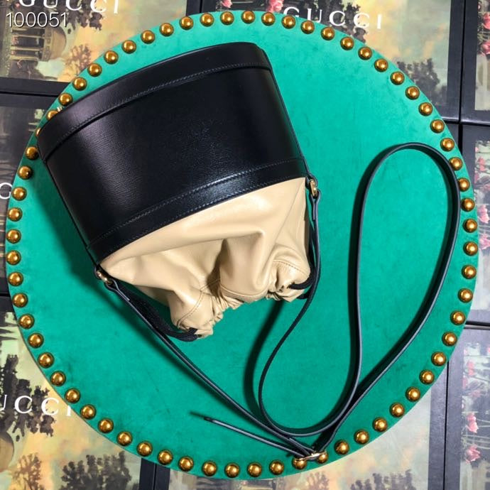Gucci Two-Tone Leather Drawstring Bucket Bag with Gold Horsebit