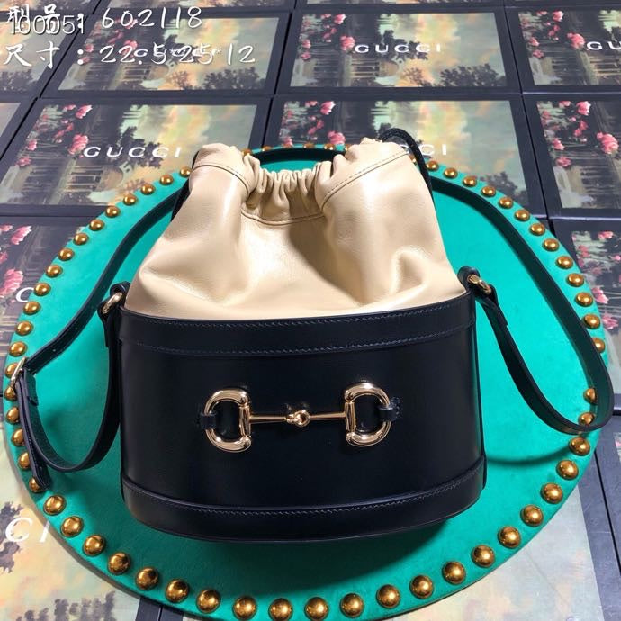 Gucci Two-Tone Leather Drawstring Bucket Bag with Gold Horsebit