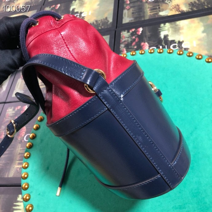 Gucci Navy Blue and Red Leather Drawstring Bucket Bag with Horsebit Detail