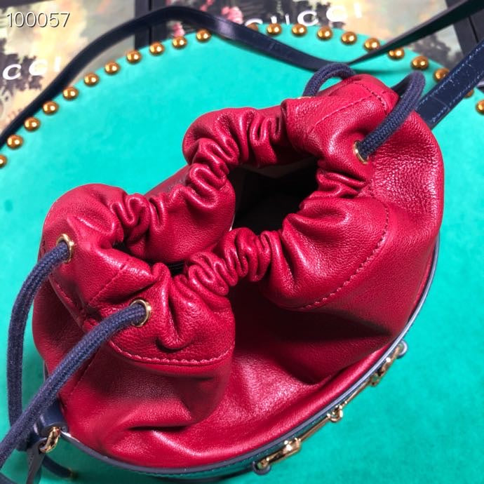 Gucci Navy Blue and Red Leather Drawstring Bucket Bag with Horsebit Detail