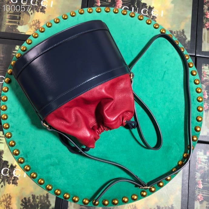 Gucci Navy Blue and Red Leather Drawstring Bucket Bag with Horsebit Detail