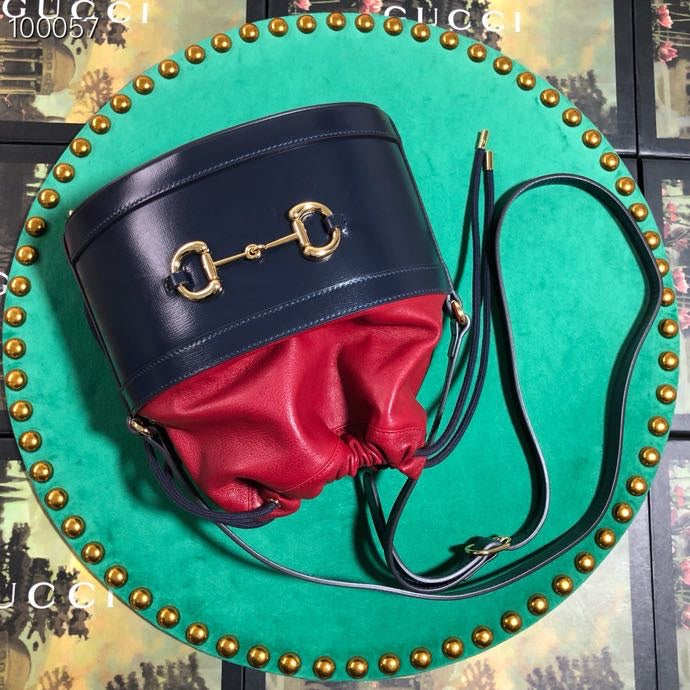Gucci Navy Blue and Red Leather Drawstring Bucket Bag with Horsebit Detail
