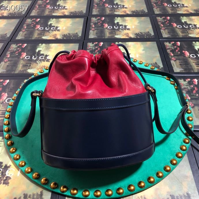 Gucci Navy Blue and Red Leather Drawstring Bucket Bag with Horsebit Detail