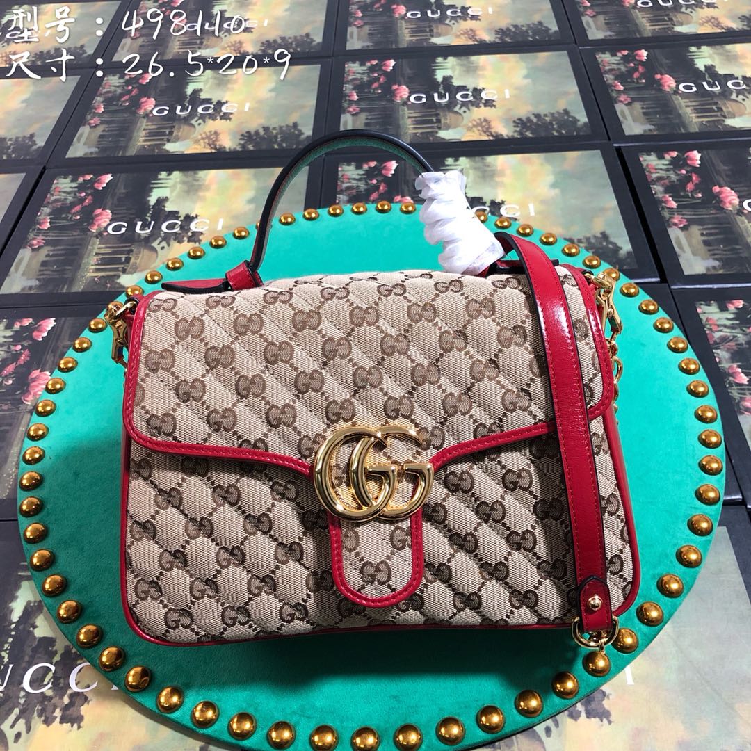Gucci Classic Quilted Monogram Canvas Handbag with Red Leather Trim