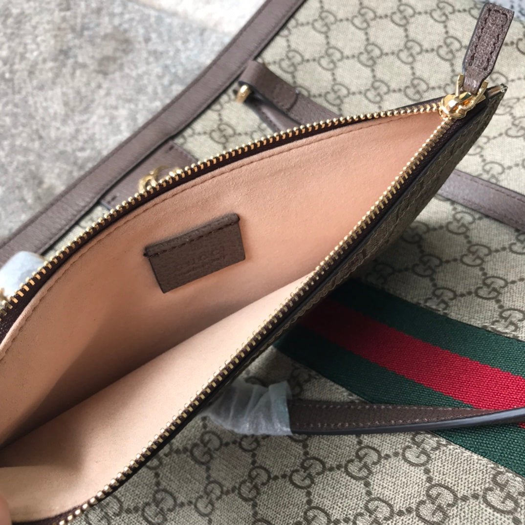 Gucci Classic Monogram Canvas Tote Bag with Red and Green Web Stripe