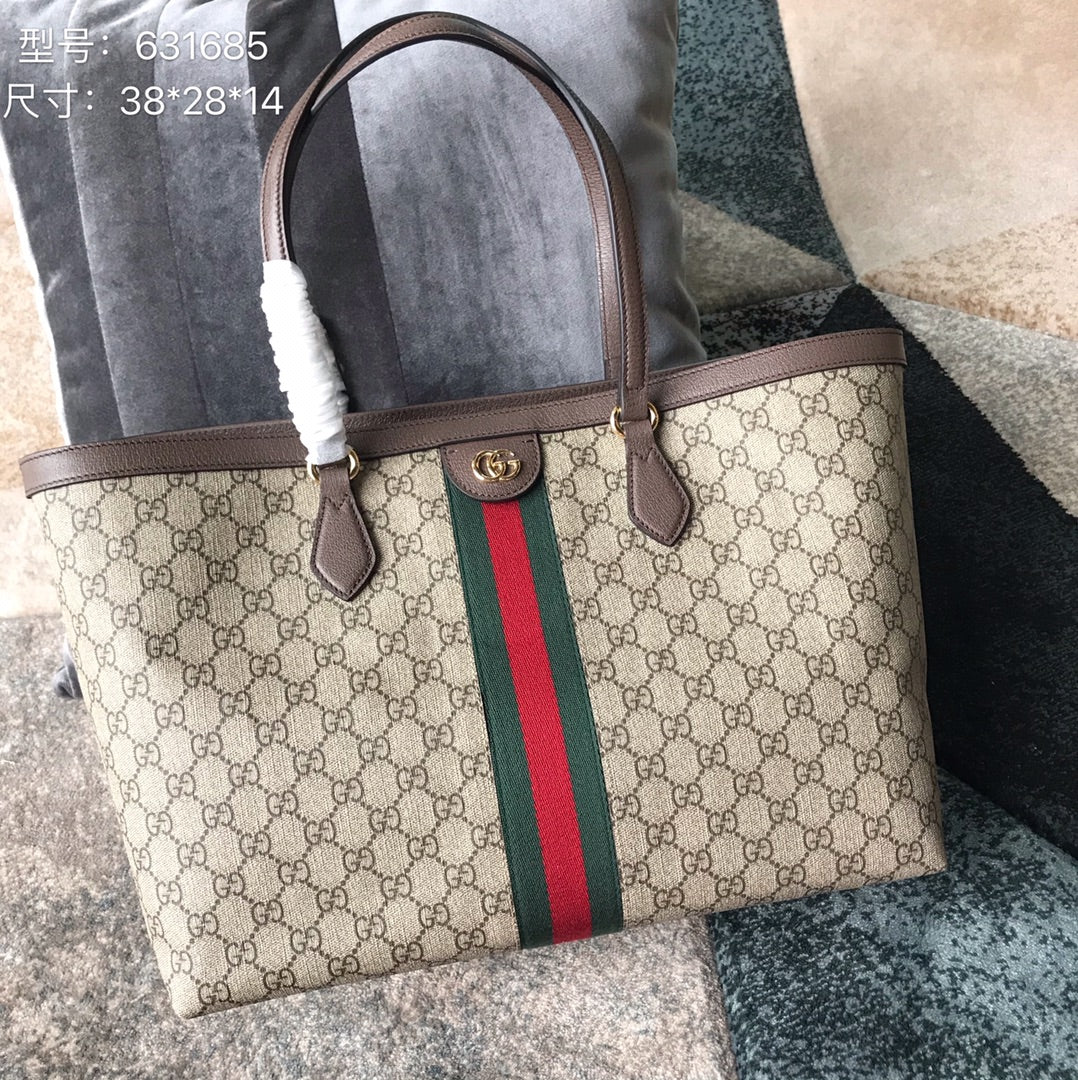 Gucci Classic Monogram Canvas Tote Bag with Red and Green Web Stripe