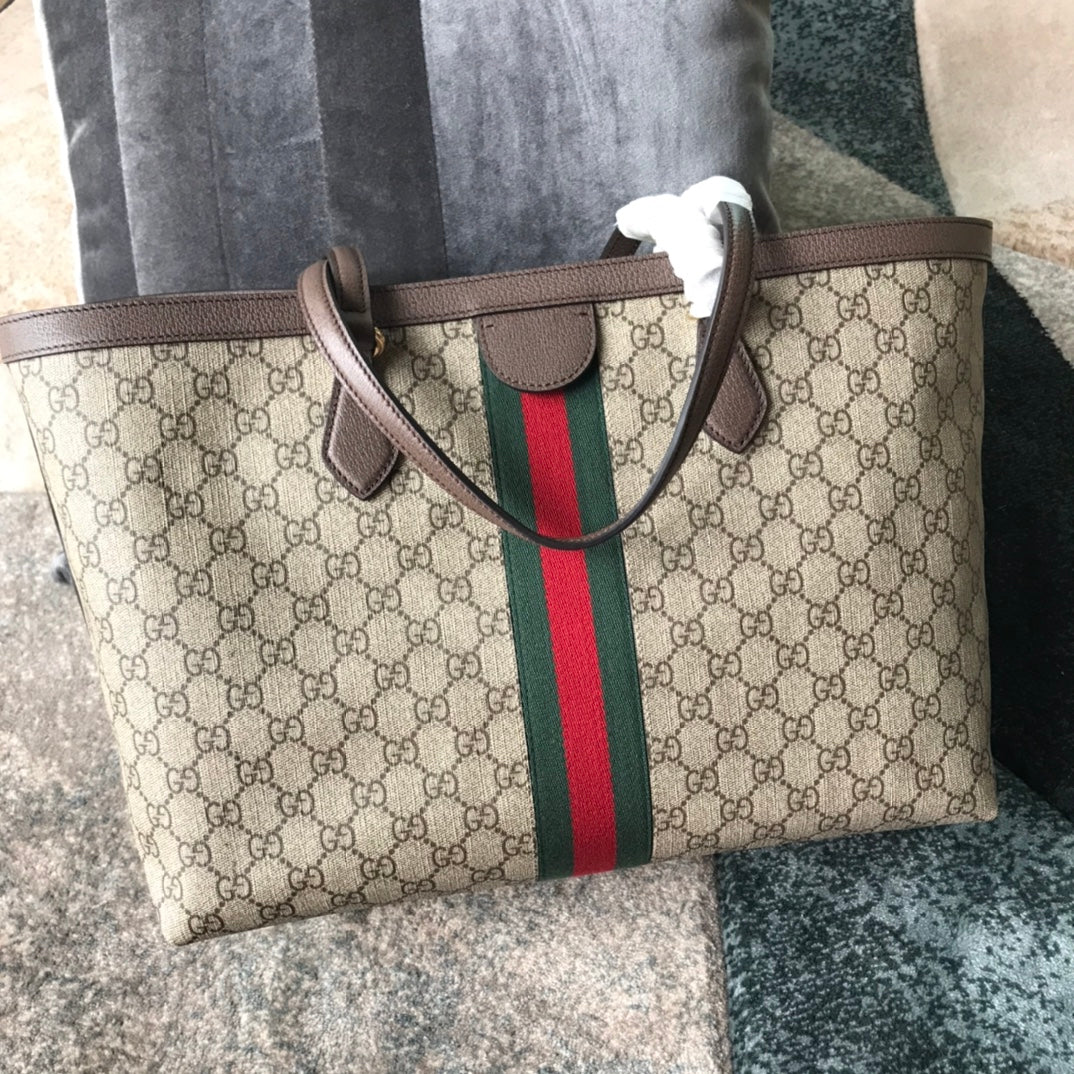 Gucci Classic Monogram Canvas Tote Bag with Red and Green Web Stripe