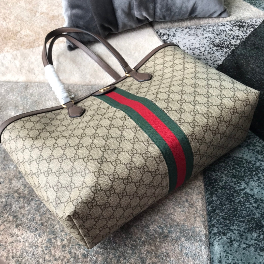 Gucci Classic Monogram Canvas Tote Bag with Red and Green Web Stripe