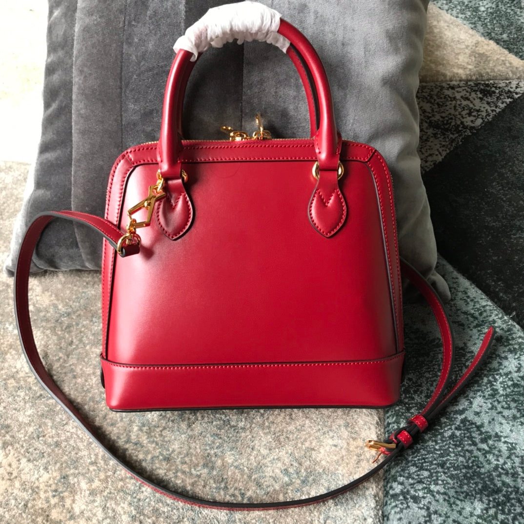 Gucci Classic Red Leather Top Handle Handbag with Gold Horsebit Hardware
