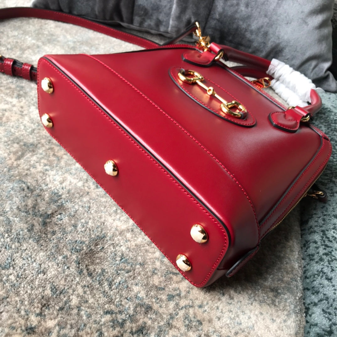 Gucci Classic Red Leather Top Handle Handbag with Gold Horsebit Hardware